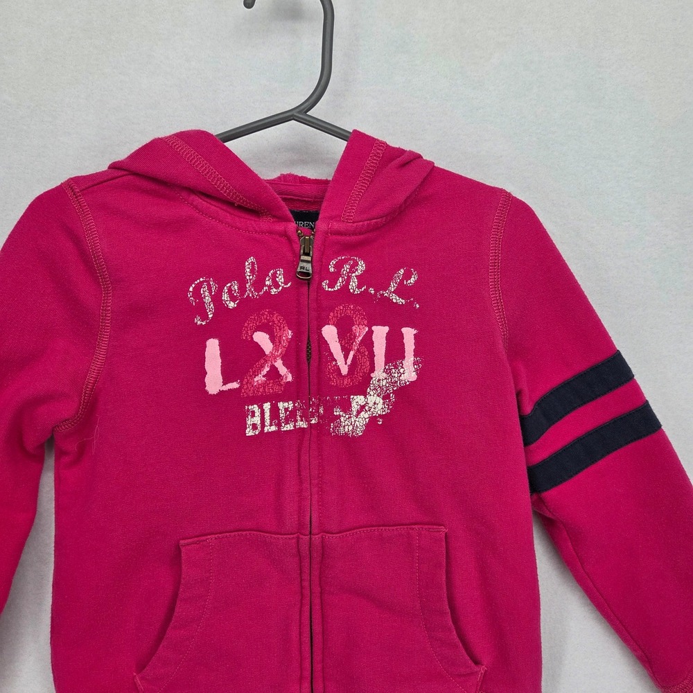 Ralph Lauren Girls 4T Zip Up Hoodie Pink Graphic Sweatshirt Sleeve Stripes Y2K